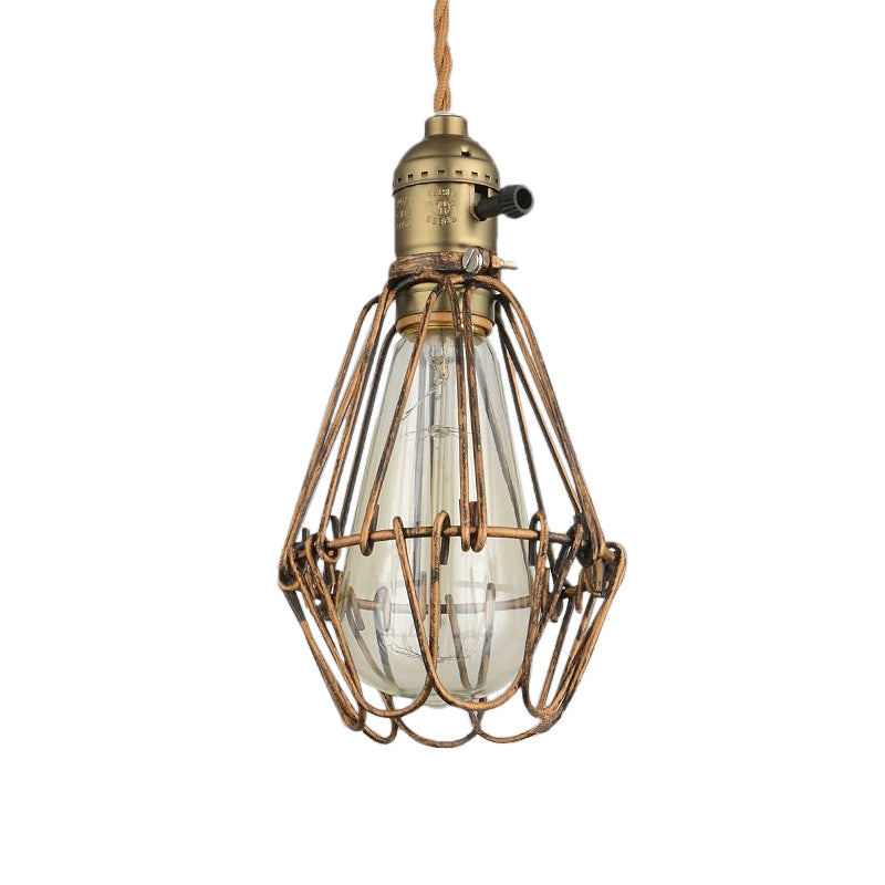 Rustic Diamond Cage Pendant Light For Restaurants - 1 Head Wrought Iron In Black/Brass