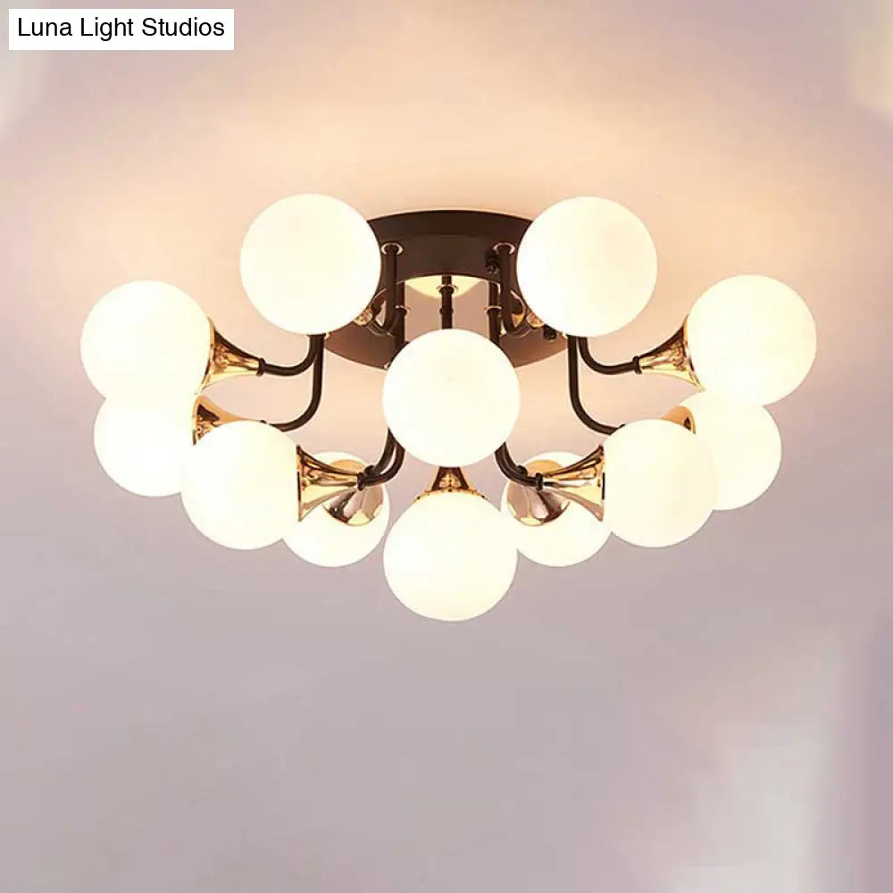 6/10/13 Semi Flush Chandelier With Milk White Glass Shades - Black Ceiling Mounted Sphere Light