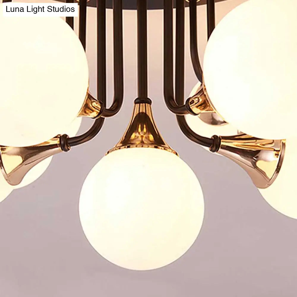 6/10/13 Semi Flush Chandelier With Milk White Glass Shades - Black Ceiling Mounted Sphere Light