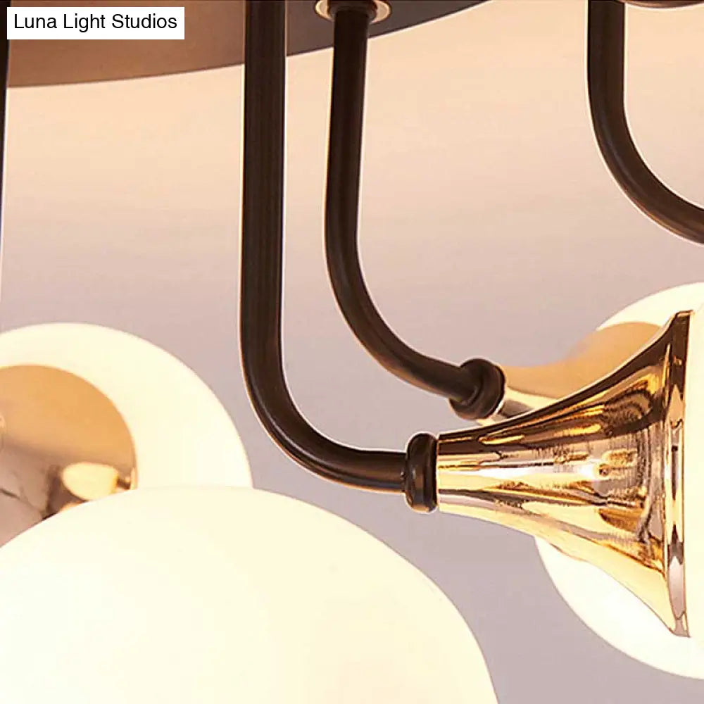 6/10/13 Semi Flush Chandelier With Milk White Glass Shades - Black Ceiling Mounted Sphere Light