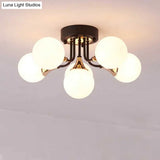 6/10/13 Semi Flush Chandelier With Milk White Glass Shades - Black Ceiling Mounted Sphere Light