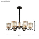 6-Bulb Black Cylinder Hanging Ceiling Light With Crystal Prisms - Elegant Bedroom Chandelier Lamp