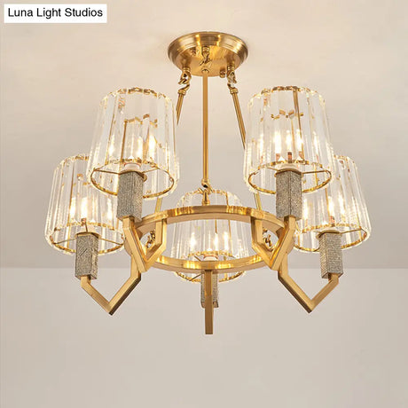 6-Light Crooked Arm Semi Flush Gold Ceiling Light With Clear Crystal Tapered Shade - Modern Design