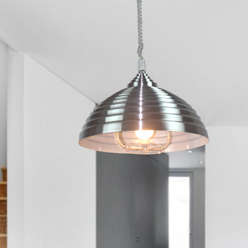Vintage Metal Domed Pendant Light With Ribbed Design - Rose Red/Nickel Finish 1 Bulb Indoor Lighting