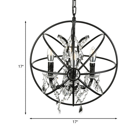 Vintage Globe Cage Iron Chandelier With Clear Crystal Decoration And 4 Hanging Bulbs In Black