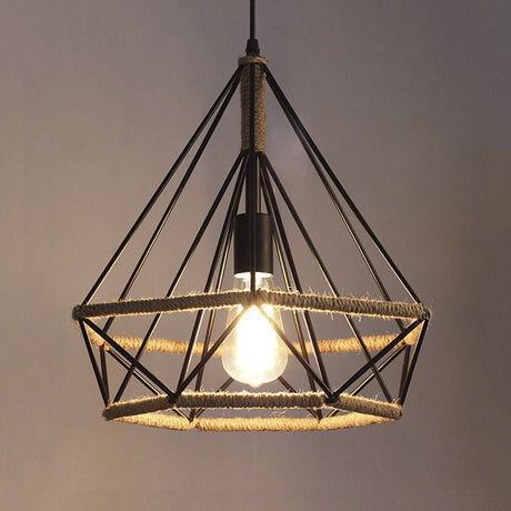 Diamond Caged Pendant Dining Room Light: Vintage Metal And Rope With Adjustable Cord Black / 10