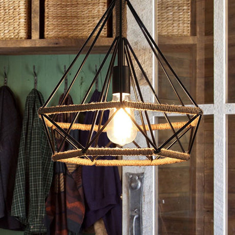 Diamond Caged Pendant Dining Room Light: Vintage Metal And Rope With Adjustable Cord