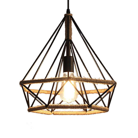Diamond Caged Pendant Dining Room Light: Vintage Metal And Rope With Adjustable Cord