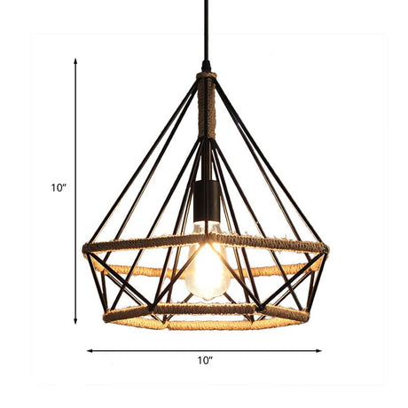 Diamond Caged Pendant Dining Room Light: Vintage Metal And Rope With Adjustable Cord