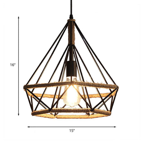 Diamond Caged Pendant Dining Room Light: Vintage Metal And Rope With Adjustable Cord