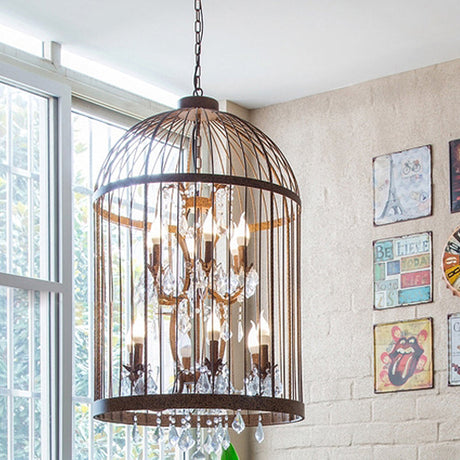 Vintage Style 4-Head Birdcage Chandelier: Black/White/Rust Iron Hanging Lamp With Candle & Crystal