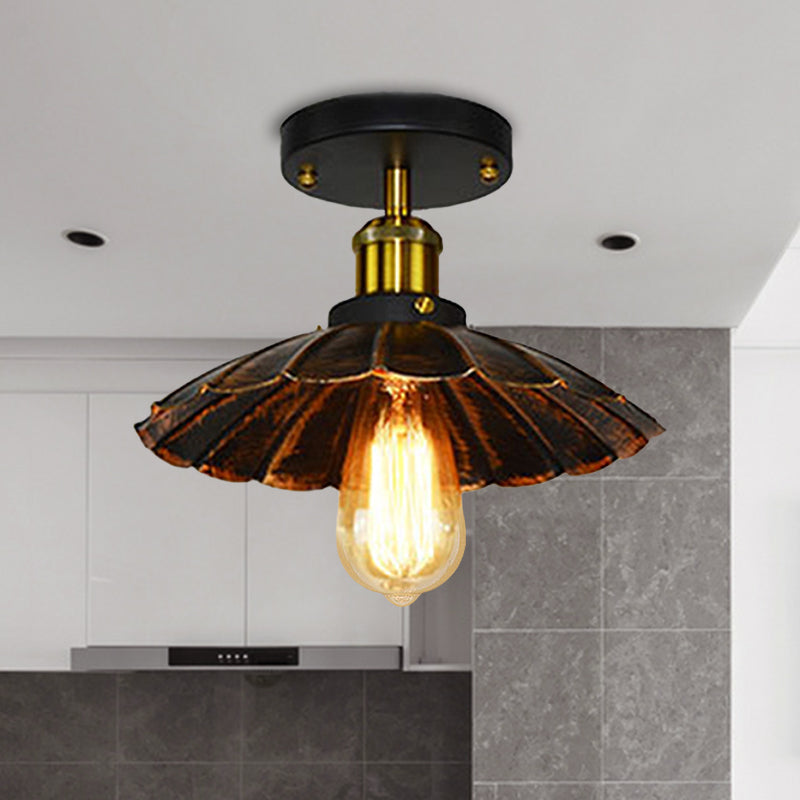 Vintage Style Scalloped Edge Balcony Semi Flush Ceiling Light In Black/Rust With 1 Metal Fixture