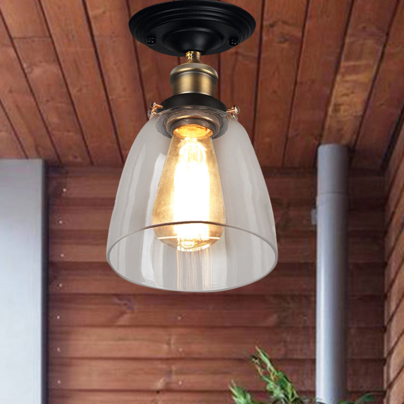 Vintage Cone Clear Glass Semi Flush Mount Light In Antique Brass Ideal For Hallways