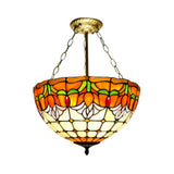 Rustic Stained Glass Chandelier - Orange Bowl Pendant Light (12/16 Width) For Foyer / 16