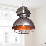 Vintage Dome Pendant Ceiling Light - Silver Metallic 1-Head Hanging Lamp With Cage