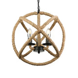 Adjustable Beige Chandelier For Bedrooms - Industrial Style Rope Globe Cage Hanging Lamp