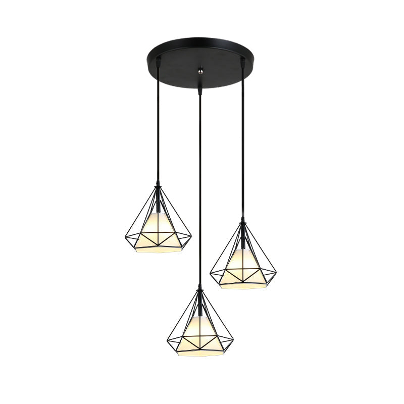Industrial Black Pendant Light With Diamond Cage Shade For Dining Room