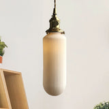Dining Room Pendant Lamp: Ribbed Glass Cylinder Shape In Ivory - Modern 1 Light Hanging Kit /