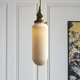 Dining Room Pendant Lamp: Ribbed Glass Cylinder Shape In Ivory - Modern 1 Light Hanging Kit