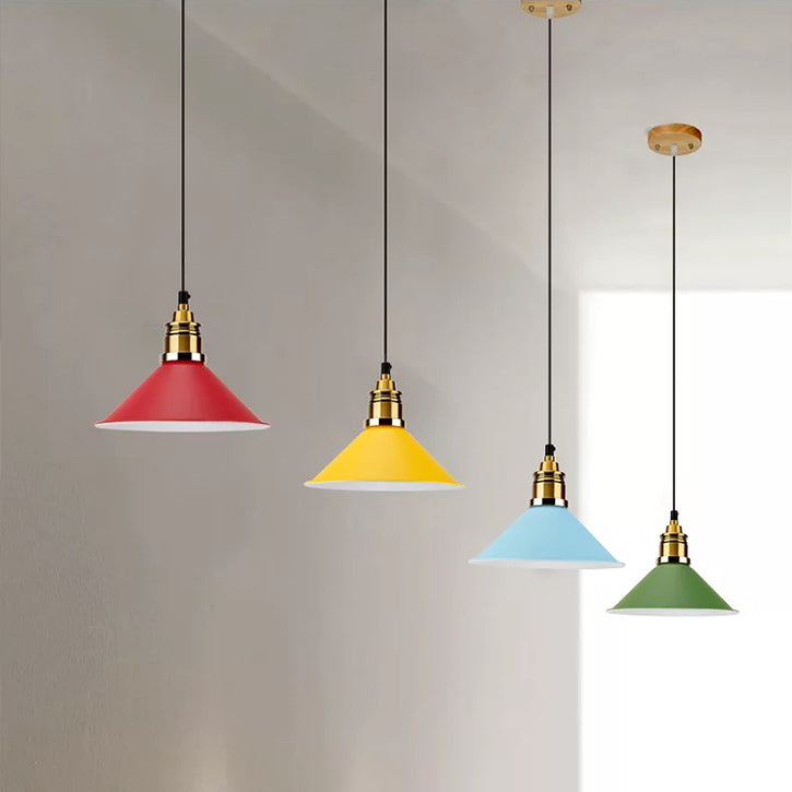Contemporary Metal Hanging Pendant Light - Yellow/Blue/Green Tapered Shade Adjustable Cord 1 Bulb