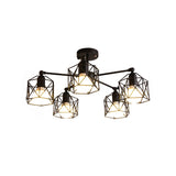 Geometric Cage Semi Flush Ceiling Lamp - Industrial Retro Look For Living Room 3/5 Bulbs Iron Light