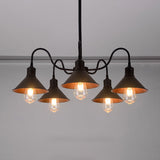 Antique Style 5-Light Black Metal Chandelier With Conical Shades And Curved Arms