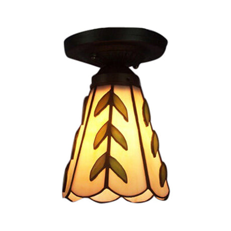 White/Beige/Blue-White Stained Glass Conical Flush Light - Tiffany 1-Light Ceiling Fixture For