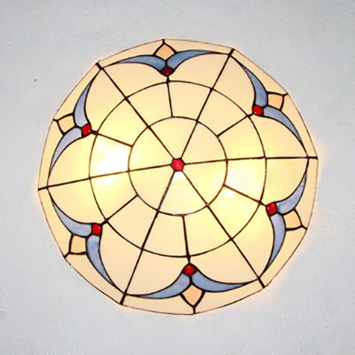 Vintage Magnolia Stained Glass Flush Ceiling Light In White/Clear For Bedroom