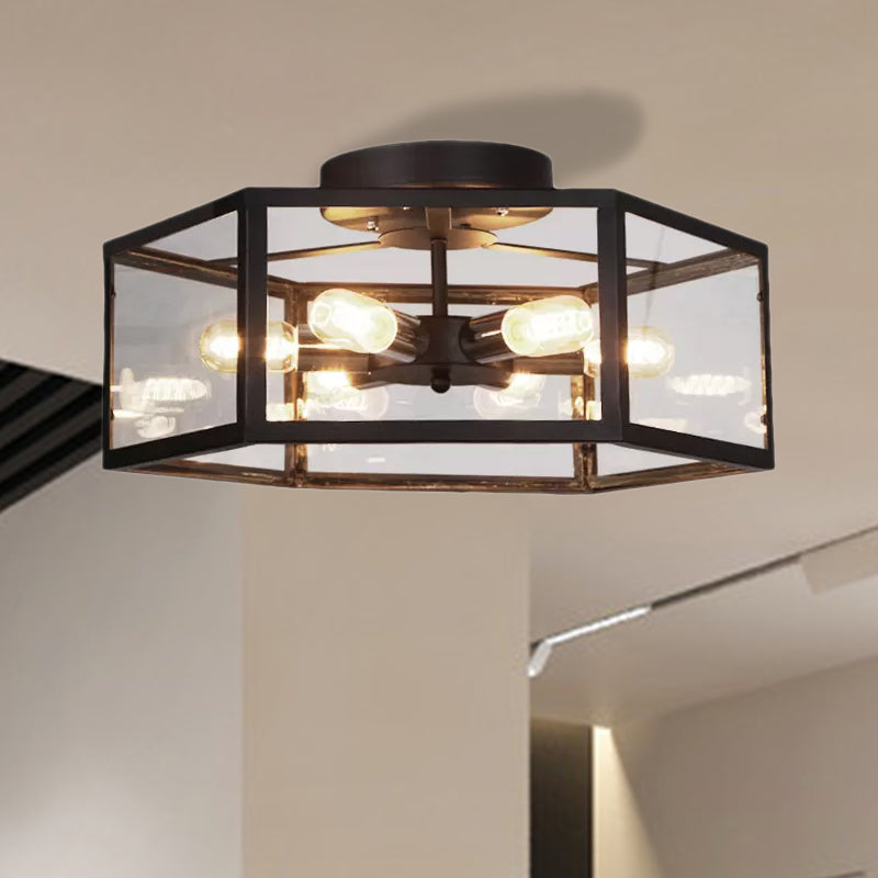 Vintage Geometric Clear Glass Ceiling Light With 6 Bulbs - Black Semi Flush Mount For Kitchen
