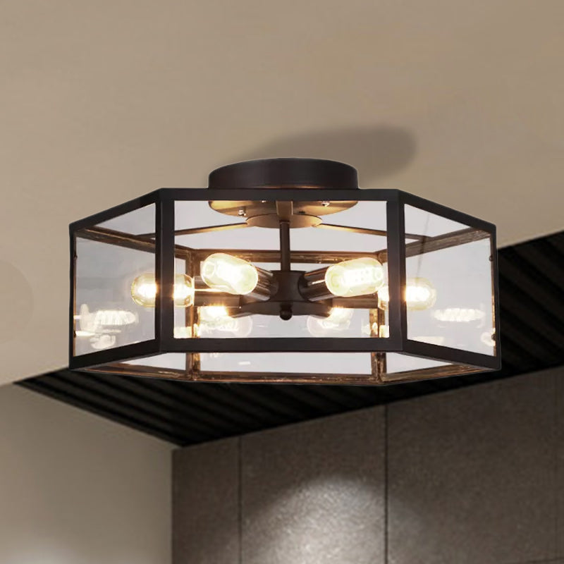 Vintage Geometric Clear Glass Ceiling Light With 6 Bulbs - Black Semi Flush Mount For Kitchen