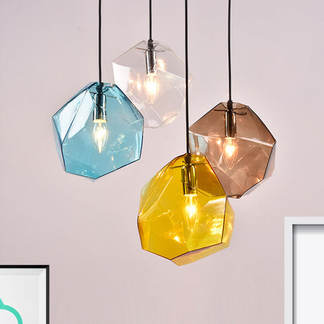 Contemporary 1-Light Glass Pendant Lighting: Faceted Grey/Orange/Purple Led Hanging Lamp Fixture For