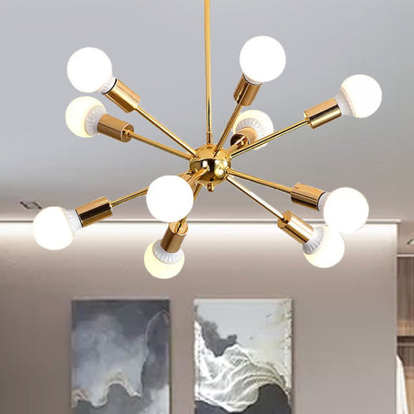 Modern Metal Starburst Chandelier Light - 6/10/12 Lights 26/38.5 Wide Gold Finish Bare Bulb Hanging