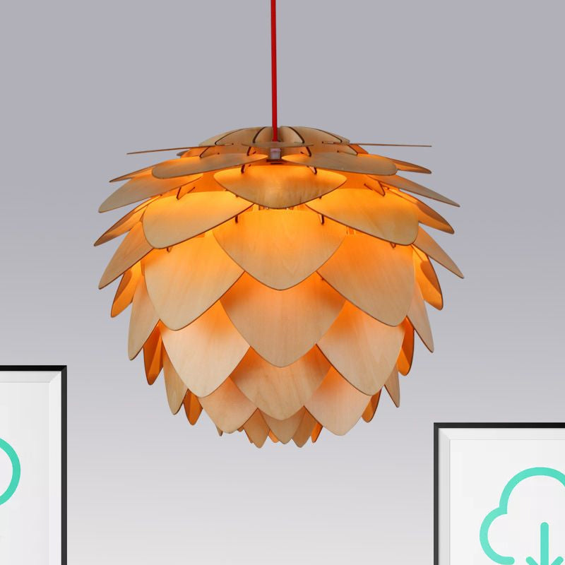12/18 Country Style Pine Cone Pendant Lamp With Wood And Beige Suspension Light For Dining Table