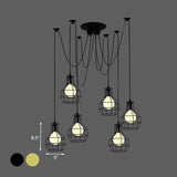 Industrial Spider Pendant Light - 6 Bulbs Black/Gold Iron Wire Guard Dining Room Ceiling Lamp