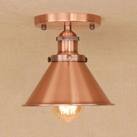 Vintage Metallic Conical Semi-Flush Light In Brass/Copper - Perfect For Hallways