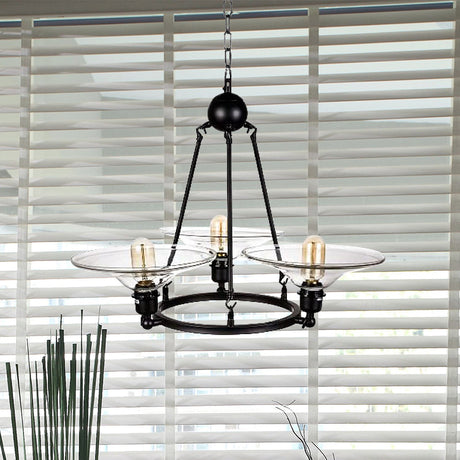 Antique Black Chandelier With Clear Glass Cone Pendant - 3-Light Fixture For Living Room