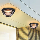 Black Metal Flush Mount Light With Frosted Glass Shade - Industrial Style For Balcony