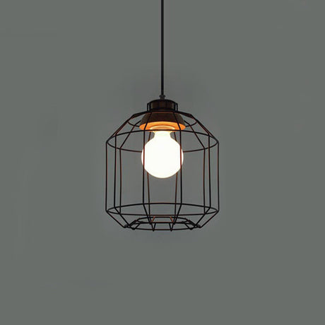 Vintage Black Hanging Pendant Light With Metal Cage Shade For Bedroom - Retro Style Lamp