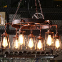 7-Light Dark Rust Pendant Chandelier With Wrought Iron Bell Cage And Wheel Design - Farmhouse