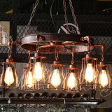 7-Light Dark Rust Pendant Chandelier With Wrought Iron Bell Cage And Wheel Design - Farmhouse
