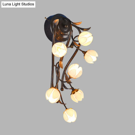 7-Light Flower Sconce Wall Mount Lighting For Bedroom - Countryside White/Pink/Yellow Glass Fixture