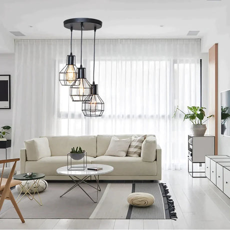 7 Type Modern Black Cage Pendant Lights Iron Minimalist Nordic Pyramid Lamp