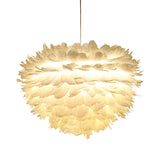 Feather Hanging Fabric Chandelier - 4-Light Modernist Bedroom Ceiling Lighting In White/Grey/Pink