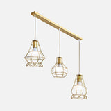Vintage Gold Metal Pendant Light With Petal Design For Kitchen - 3-Head Caged Hanging C