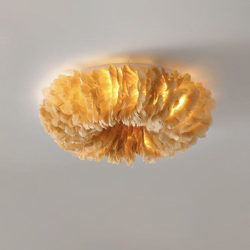 Modern Feather Flushmount Ceiling Light With 3/6 Fabric Heads In White/Grey/Pink For Bedroom 3 /