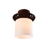 Rustic Cream Glass Flush Mount Ceiling Light With Wood Frame - Brown Globe/Square Design