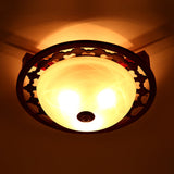 Rustic Brown Dome Flush Mount Lighting With Frosted Glass - 3-Light Wood Design Close-To-Ceiling