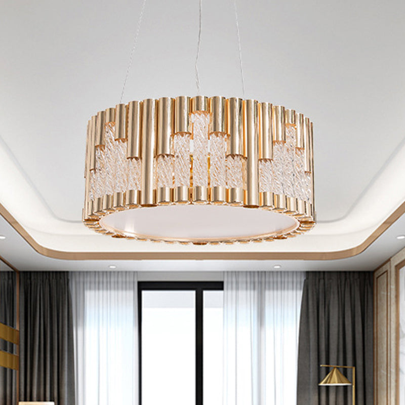Modern 3-Light Gold Drum Pendant Chandelier For Living Room - Spiral Clear Glass Tube