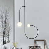 Opal Glass Modo Pendant Chandelier With Led - 2 Bulbs Curved Arm Frosted Black Finish