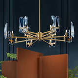 Blue Glass Oval Panel Led Chandelier Lamp With Radial Design - Postmodern 8 Bulbs Brass Hanging